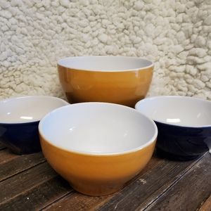 4 Emile Henry Blue Yellow Soup Serving Bowls VTG